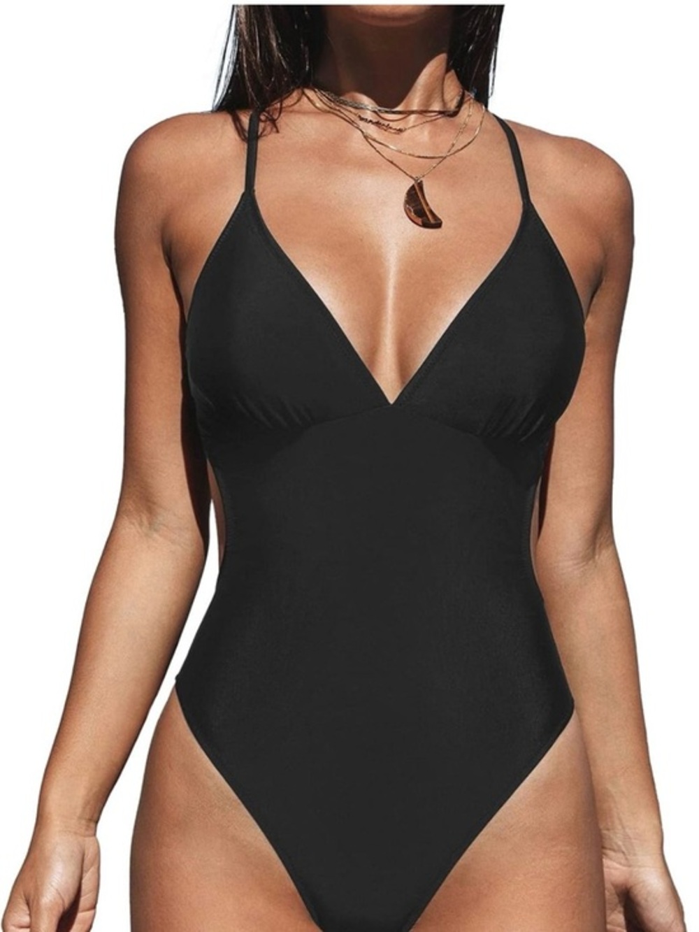 Cupshe Black V-Neck One-Piece Swimsuit XS - Picture 1 of 10